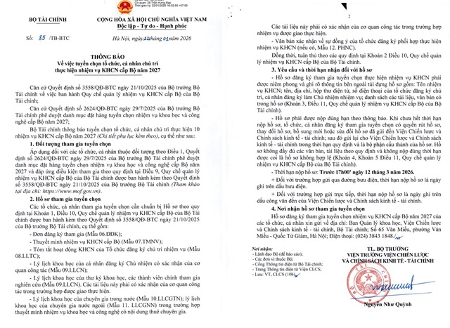 Bộ Tài chính tuyển chọn tổ chức, cá nhân chủ trì thực hiện nhiệm vụ KHCN cấp Bộ năm 2027- Ảnh 2.