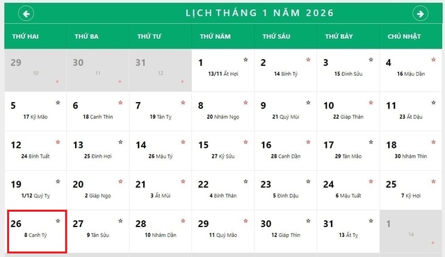 Lịch âm 26/1 - Âm lịch hôm nay 26/1 - Lịch vạn niên ngày 26/1/2026- Ảnh 1.