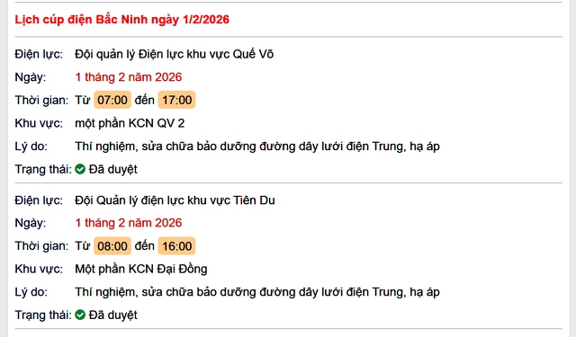 Tra cứu lịch cắt điện Bắc Ninh hôm nay Chủ Nhật ngày 1/2/2026- Ảnh 1.