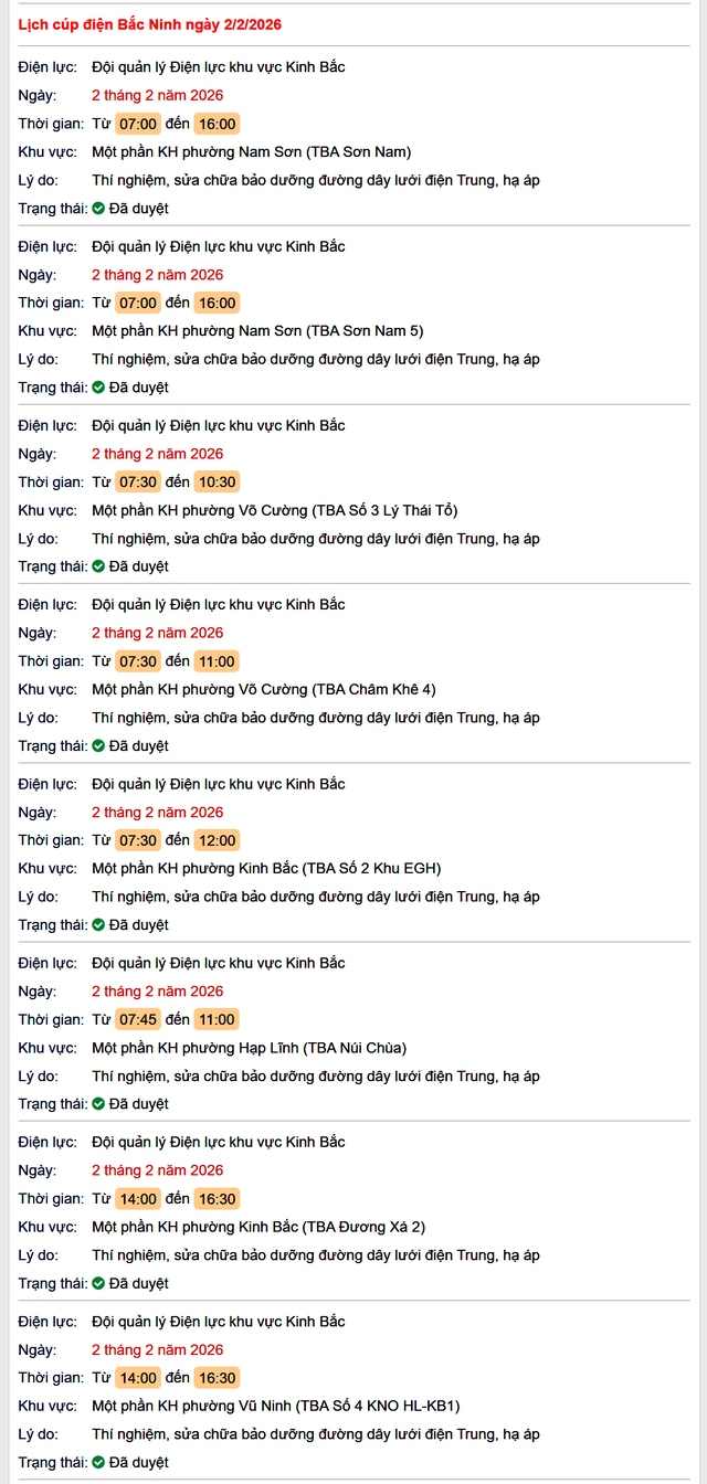 Tra cứu lịch cắt điện Bắc Ninh hôm nay Thứ 2 ngày 2/2/2026- Ảnh 1.