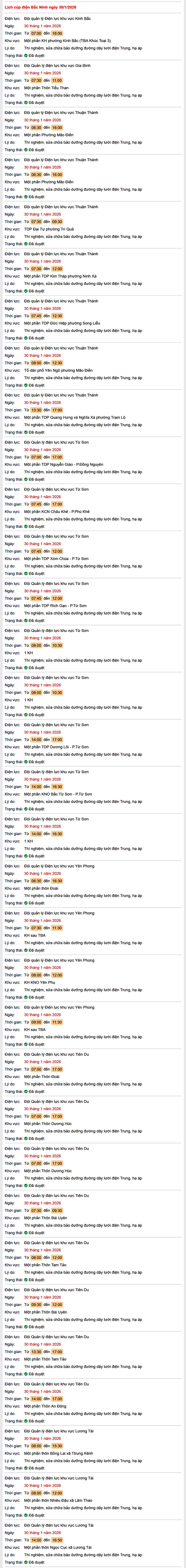 Tra cứu lịch cắt điện Bắc Ninh hôm nay Thứ 6 ngày 30/1/2026- Ảnh 1.
