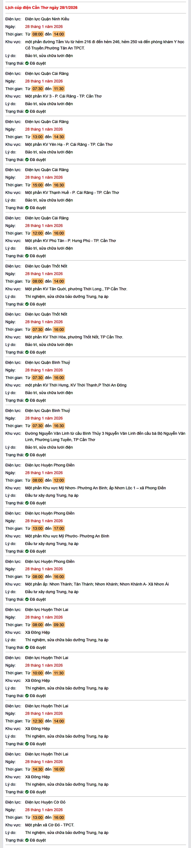 Tra cứu lịch cúp điện Cần Thơ hôm nay Thứ 4 ngày 28/1/2026- Ảnh 1.