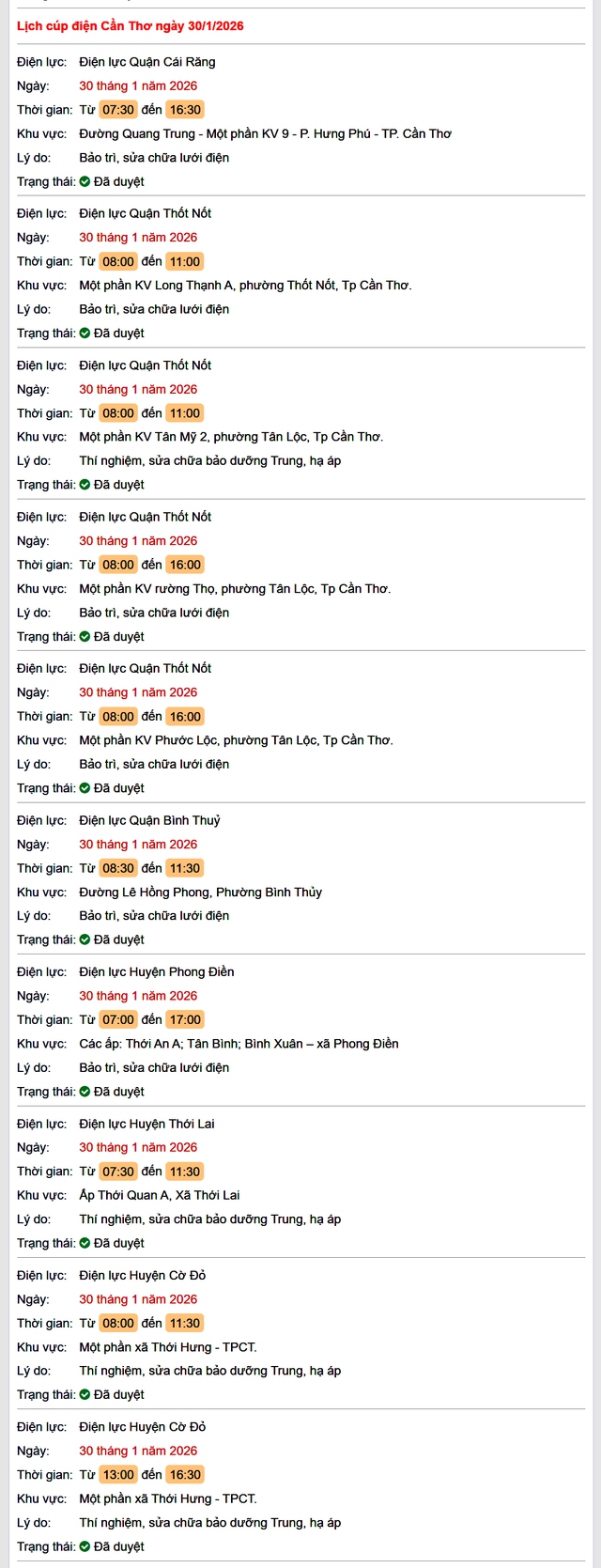 Tra cứu lịch cúp điện Cần Thơ hôm nay Thứ 6 ngày 30/1/2026- Ảnh 1.