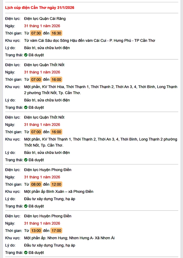 Tra cứu lịch cúp điện Cần Thơ hôm nay Thứ 7 ngày 31/1/2026- Ảnh 1.