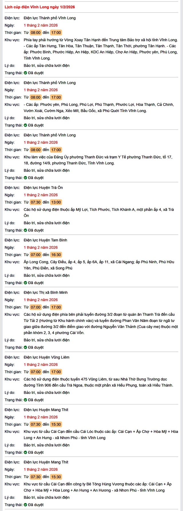 Tra cứu lịch cúp điện Vĩnh Long hôm nay Chủ Nhật ngày 1/2/2026- Ảnh 1.