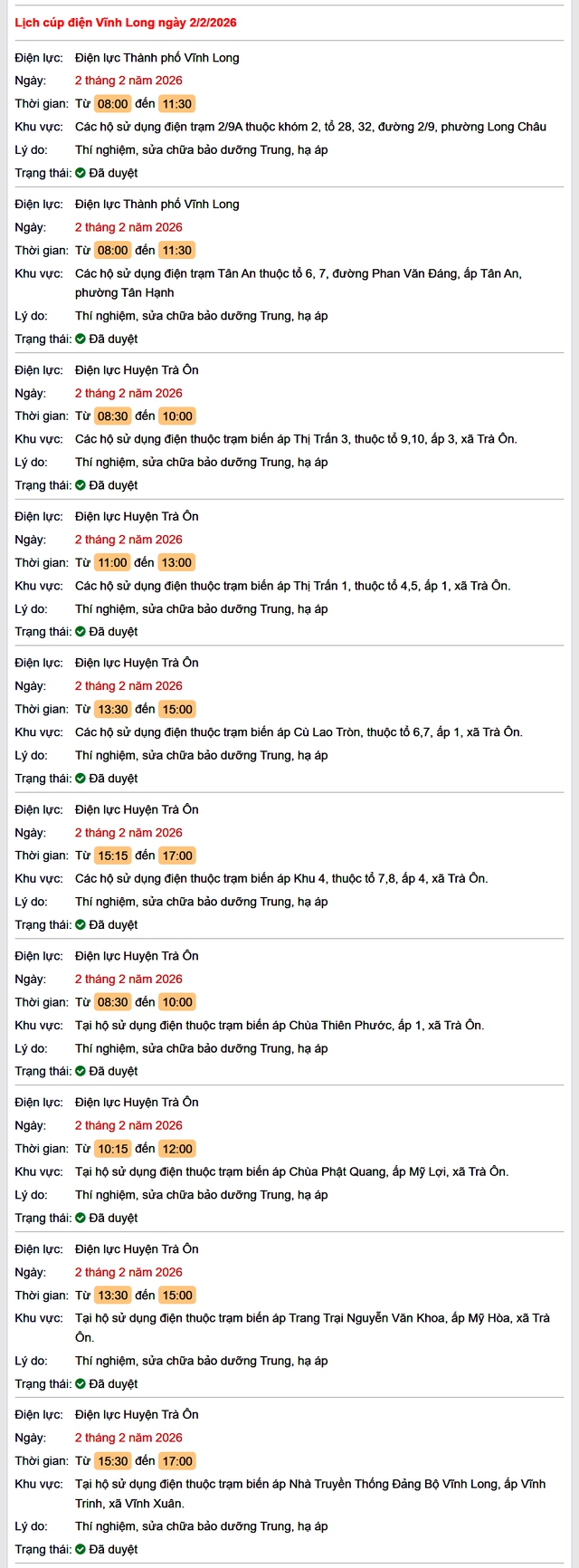 Tra cứu lịch cúp điện Vĩnh Long hôm nay Thứ 2 ngày 2/2/2026- Ảnh 1.