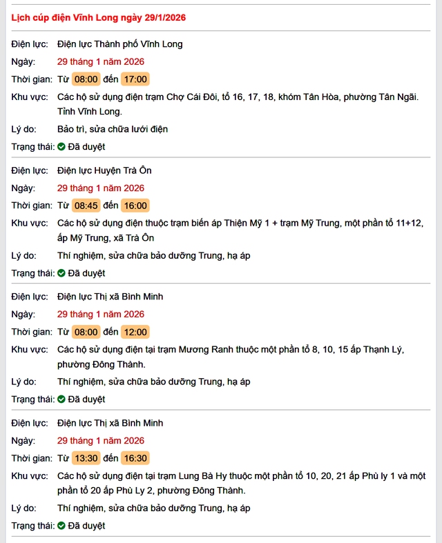 Tra cứu lịch cúp điện Vĩnh Long hôm nay Thứ 5 ngày 29/1/2026- Ảnh 1.