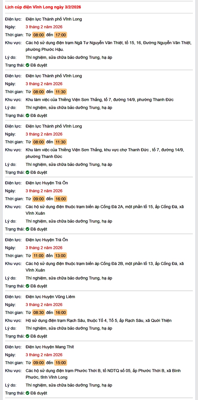 Tra cứu lịch cúp điện Vĩnh Long hôm nay Thứ 3 ngày 3/2/2026- Ảnh 1.