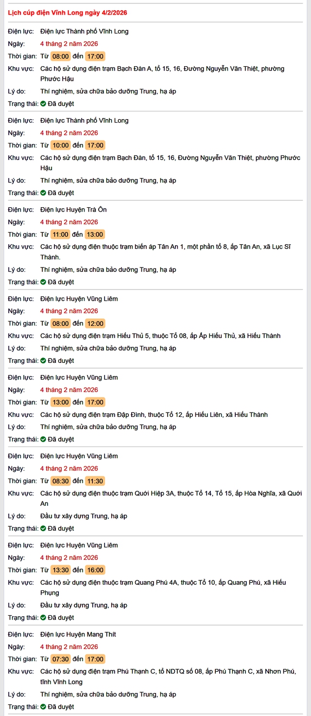 Tra cứu lịch cúp điện Vĩnh Long hôm nay Thứ 4 ngày 4/2/2026- Ảnh 1.