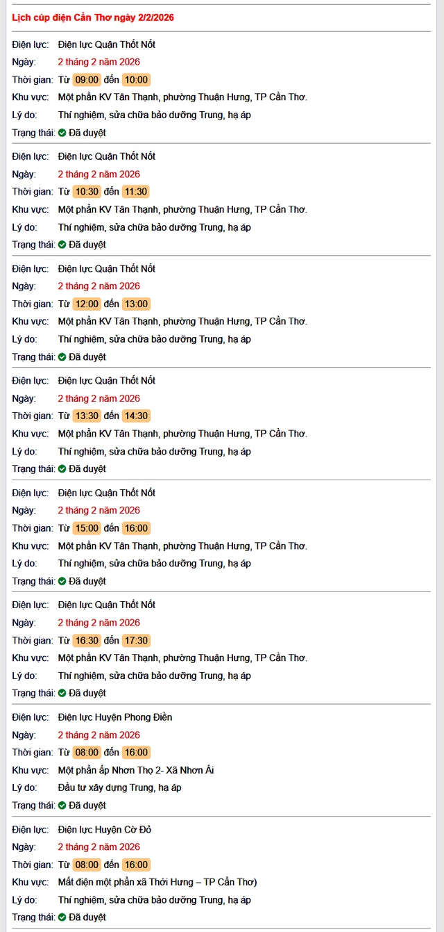 Tra cứu lịch cúp điện Cần Thơ hôm nay Thứ 2 ngày 2/2/2026- Ảnh 1.