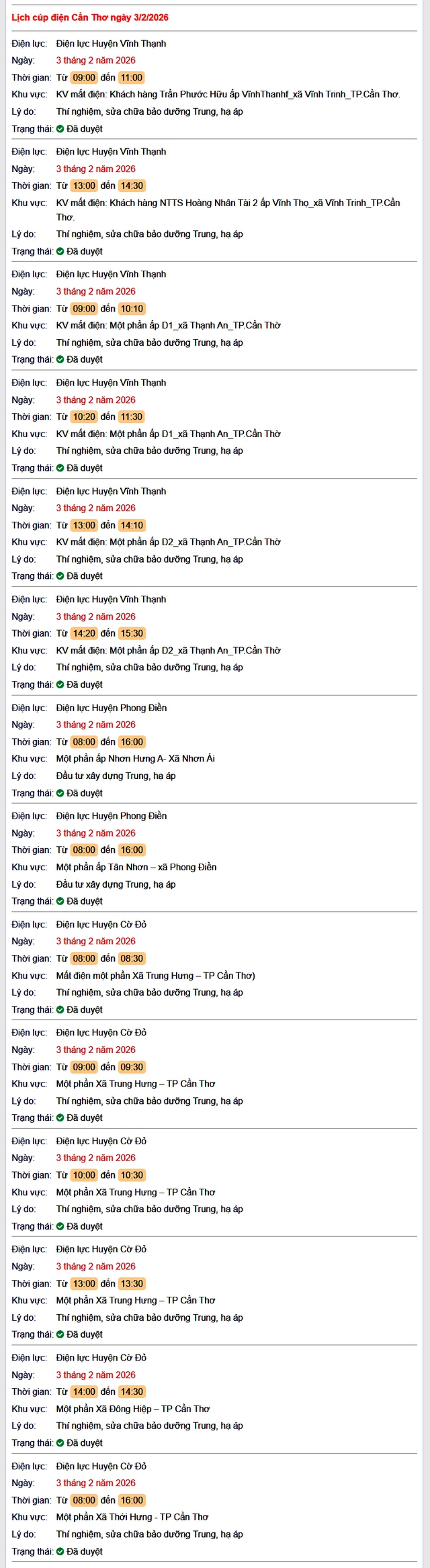 Tra cứu lịch cúp điện Cần Thơ hôm nay Thứ 3 ngày 3/2/2026- Ảnh 1.