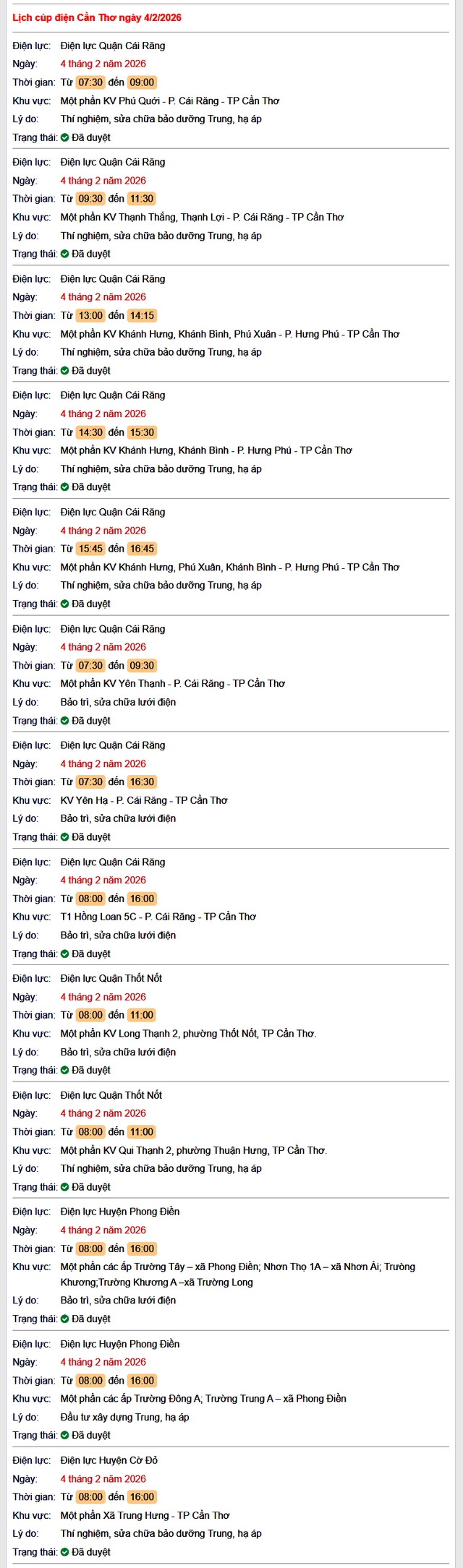 Tra cứu lịch cúp điện Cần Thơ hôm nay Thứ 4 ngày 4/2/2026- Ảnh 1.