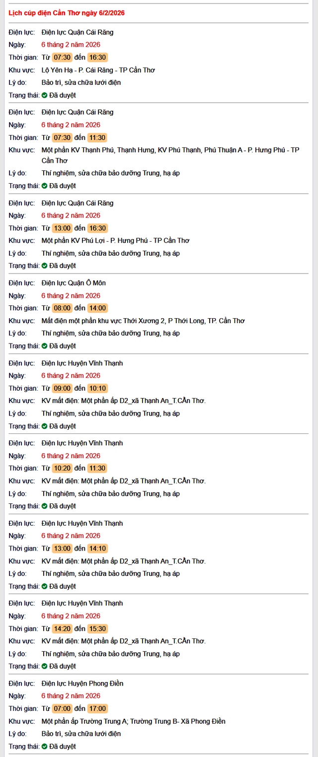 Tra cứu lịch cúp điện Cần Thơ hôm nay Thứ 6 ngày 6/2/2026- Ảnh 1.