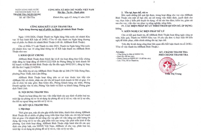 Kết luận thanh tra ABBank Bình Thuận- Ảnh 2. Kết luận thanh tra ABBank Bình Thuận- Ảnh 2.