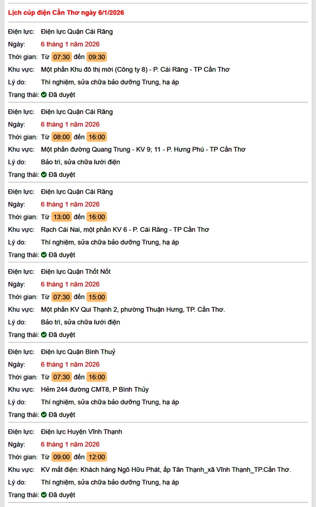 Tra cứu lịch cúp điện Cần Thơ hôm nay Thứ 3 ngày 6/1/2026- Ảnh 1.