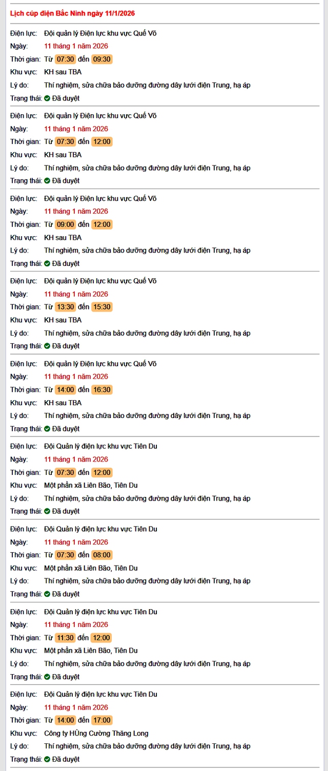 Tra cứu lịch cắt điện Bắc Ninh hôm nay Chủ Nhật ngày 11/1/2026- Ảnh 1.