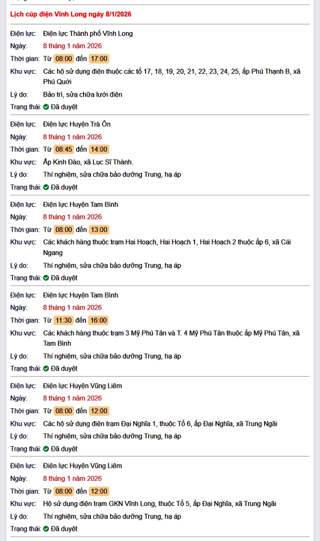 Tra cứu lịch cúp điện Vĩnh Long hôm nay Thứ 5 ngày 8/1/2026- Ảnh 1. Tra cứu lịch cúp điện Vĩnh Long hôm nay Thứ 5 ngày 8/1/2026- Ảnh 1.