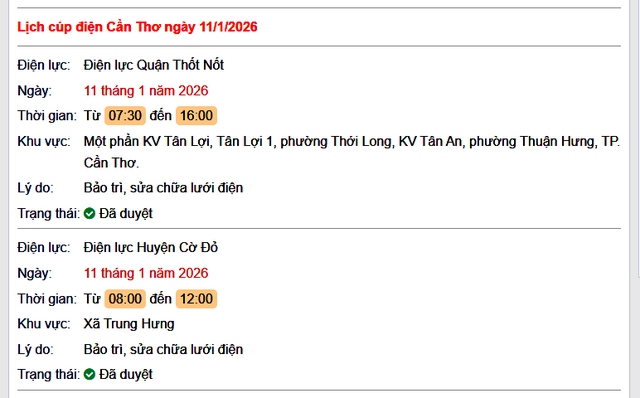 Tra cứu lịch cúp điện Cần Thơ hôm nay Chủ Nhật ngày 11/1/2026- Ảnh 1. Tra cứu lịch cúp điện Cần Thơ hôm nay Chủ Nhật ngày 11/1/2026- Ảnh 1.