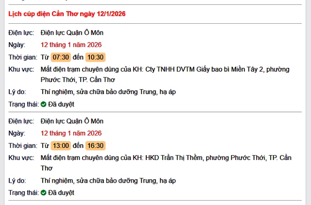 Tra cứu lịch cúp điện Cần Thơ hôm nay Thứ 2 ngày 12/1/2026- Ảnh 1.