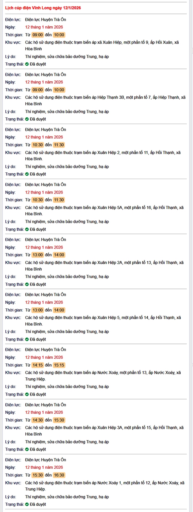 Tra cứu lịch cúp điện Vĩnh Long hôm nay Thứ 2 ngày 12/1/2026- Ảnh 1.