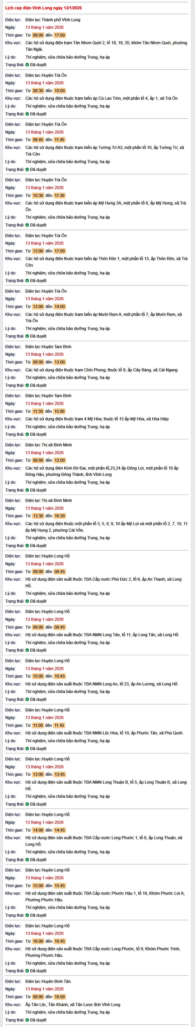 Tra cứu lịch cúp điện Vĩnh Long hôm nay Thứ 3 ngày 13/1/2026- Ảnh 1. Tra cứu lịch cúp điện Vĩnh Long hôm nay Thứ 3 ngày 13/1/2026- Ảnh 1.