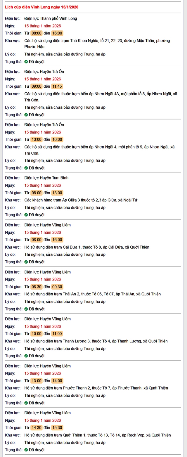 Tra cứu lịch cúp điện Vĩnh Long hôm nay Thứ 5 ngày 15/1/2026- Ảnh 1.
