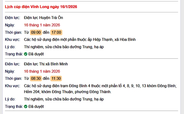 Tra cứu lịch cúp điện Vĩnh Long hôm nay Thứ 6 ngày 16/1/2026- Ảnh 1. Tra cứu lịch cúp điện Vĩnh Long hôm nay Thứ 6 ngày 16/1/2026- Ảnh 1.