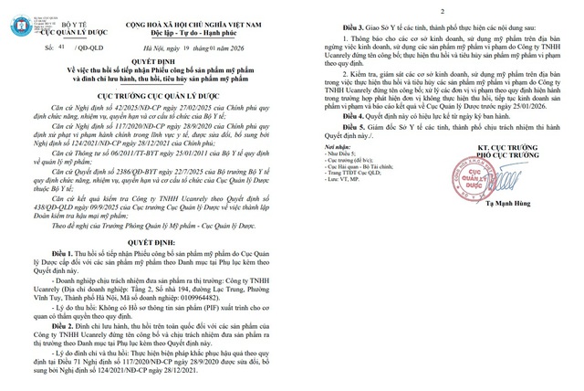 Thu hồi, đình chỉ lưu hành toàn quốc 77 mỹ phẩm của Công ty TNHH Ucanrely- Ảnh 1. Thu hồi, đình chỉ lưu hành toàn quốc 77 mỹ phẩm của Công ty TNHH Ucanrely- Ảnh 1.