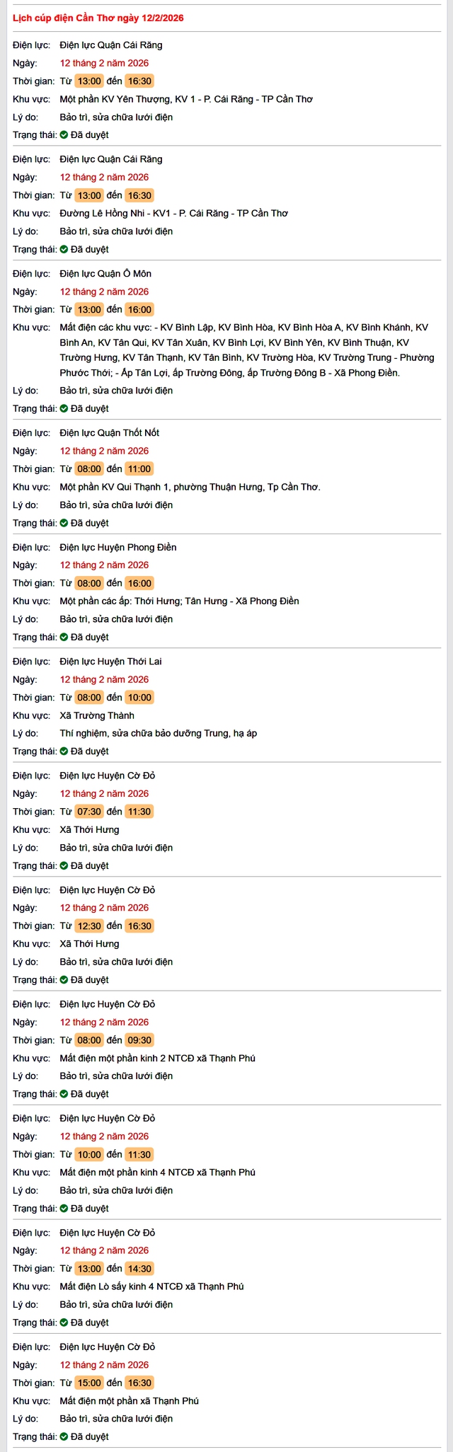 Tra cứu lịch cúp điện Cần Thơ hôm nay Thứ 5 ngày 12/2/2026- Ảnh 1. Tra cứu lịch cúp điện Cần Thơ hôm nay Thứ 5 ngày 12/2/2026- Ảnh 1.