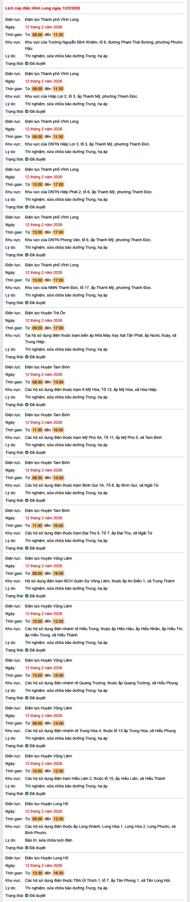 Tra cứu lịch cúp điện Vĩnh Long hôm nay Thứ 5 ngày 12/2/2026- Ảnh 1. Tra cứu lịch cúp điện Vĩnh Long hôm nay Thứ 5 ngày 12/2/2026- Ảnh 1.