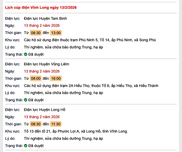 Tra cứu lịch cúp điện Vĩnh Long hôm nay Thứ 6 ngày 13/2/2026- Ảnh 1. Tra cứu lịch cúp điện Vĩnh Long hôm nay Thứ 6 ngày 13/2/2026- Ảnh 1.