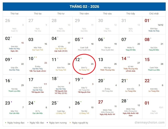 Lịch âm 12/2 - Âm lịch hôm nay 12/2 - Lịch vạn niên ngày 12/2/2026- Ảnh 1.