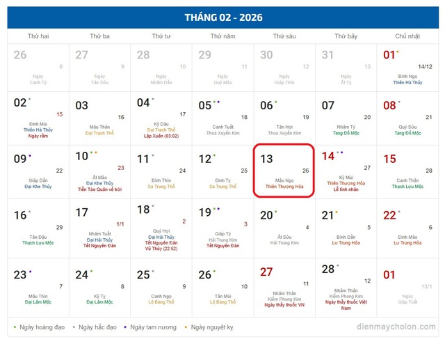 Lịch âm 13/2 - Âm lịch hôm nay 13/2 - Lịch vạn niên ngày 13/2/2026- Ảnh 1.