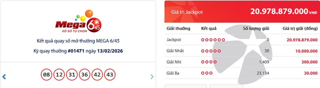 Kết quả xổ số Vietlott hôm nay 13/2/2026 - Vietlott 13/2 - Xổ số Mega 6/45 ngày 13/2- Ảnh 1. Kết quả xổ số Vietlott hôm nay 13/2/2026 - Vietlott 13/2 - Xổ số Mega 6/45 ngày 13/2- Ảnh 1.