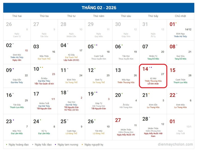 Lịch âm 14/2 - Âm lịch hôm nay 14/2 - Lịch vạn niên ngày 14/2/2026- Ảnh 1.