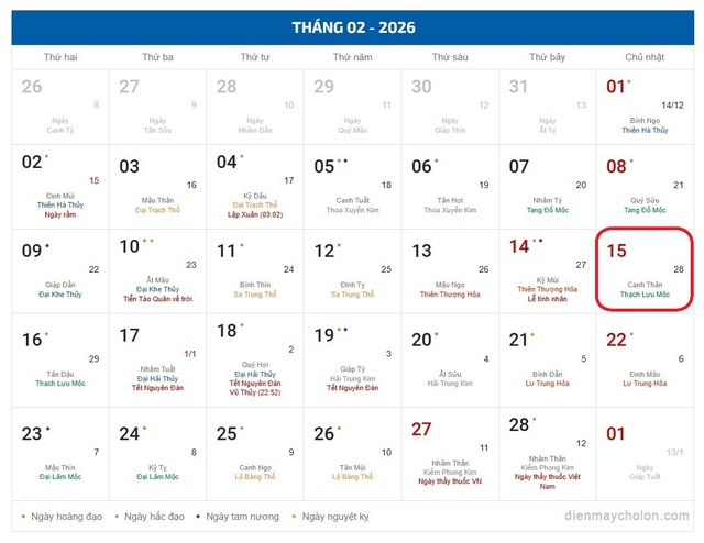 Lịch âm 15/2 - Âm lịch hôm nay 15/2 - Lịch vạn niên ngày 15/2/2026- Ảnh 1.
