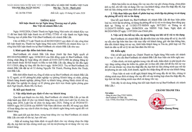 Thanh tra yêu cầu BaoVietBank Đắc Lắk chấn chỉnh hoạt động cho vay- Ảnh 2.
