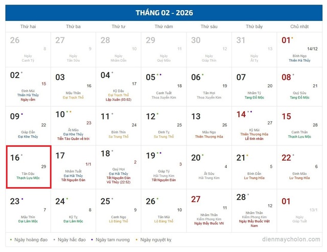 Lịch âm 16/2 - Âm lịch hôm nay 16/2 - Lịch vạn niên ngày 16/2/2026- Ảnh 1. Lịch âm 16/2 - Âm lịch hôm nay 16/2 - Lịch vạn niên ngày 16/2/2026- Ảnh 1.