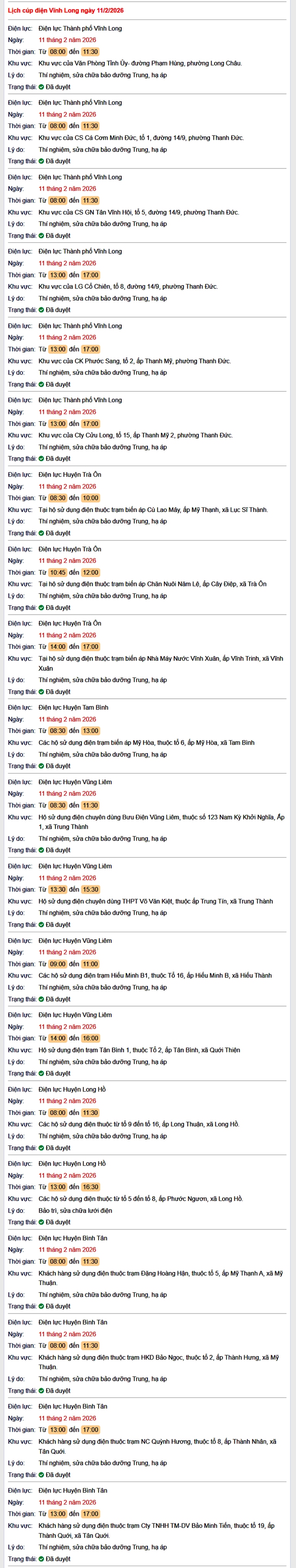 Tra cứu lịch cúp điện Vĩnh Long hôm nay Thứ 4 ngày 11/2/2026- Ảnh 1.