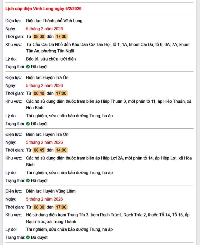 Tra cứu lịch cúp điện Vĩnh Long hôm nay Thứ 5 ngày 5/2/2026- Ảnh 1.