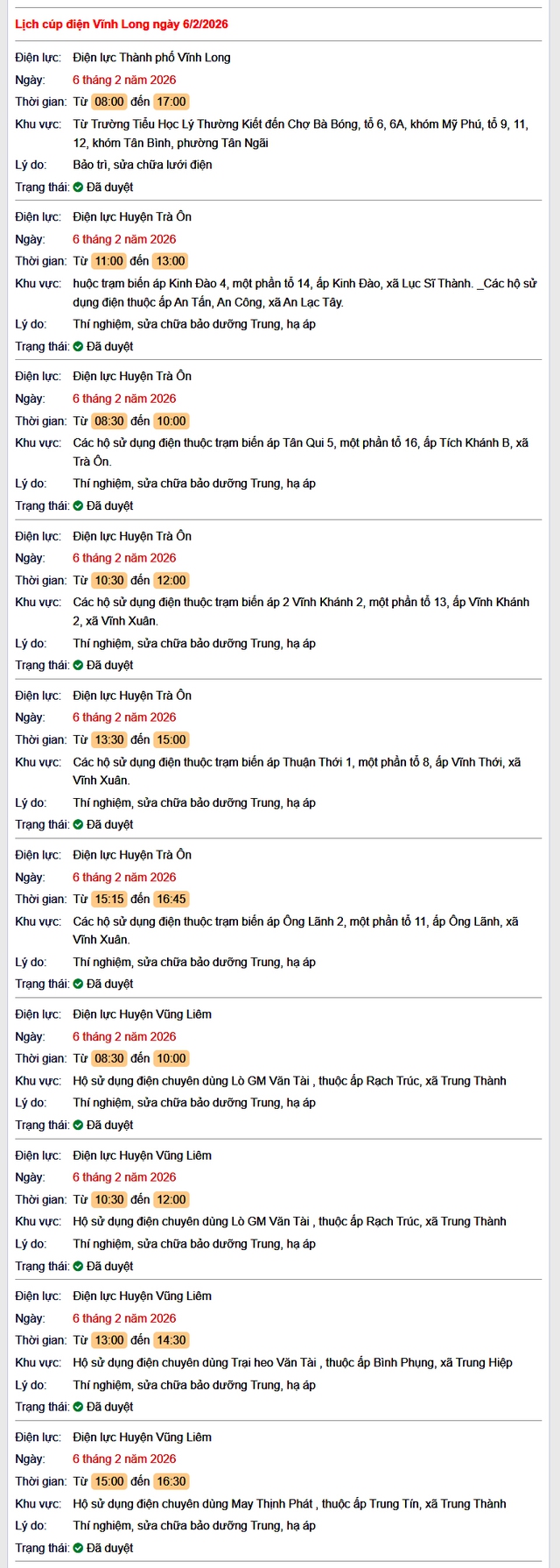 Tra cứu lịch cúp điện Vĩnh Long hôm nay Thứ 6 ngày 6/2/2026- Ảnh 1.