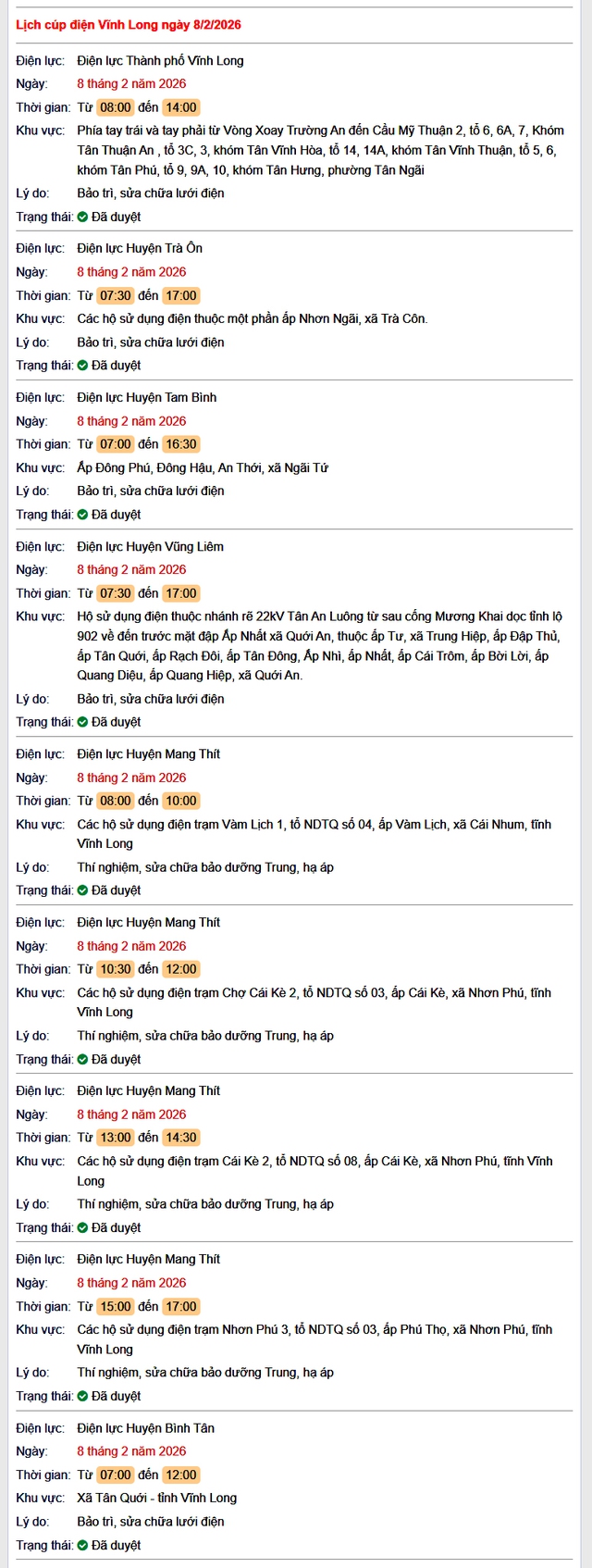 Tra cứu lịch cúp điện Vĩnh Long hôm nay Chủ Nhật ngày 8/2/2026- Ảnh 1.