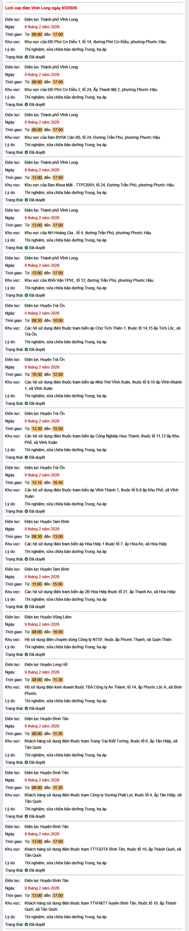 Tra cứu lịch cúp điện Vĩnh Long hôm nay Thứ 2 ngày 9/2/2026- Ảnh 1.