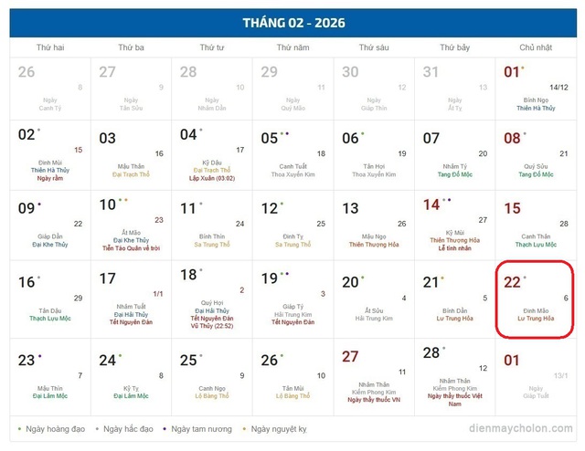 Lịch âm 22/2 - Âm lịch hôm nay 22/2 - Lịch vạn niên ngày 22/2/2026- Ảnh 1.