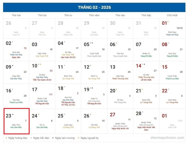 Lịch âm 23/2 - Âm lịch hôm nay 23/2 - Lịch vạn niên ngày 23/2/2026- Ảnh 1.