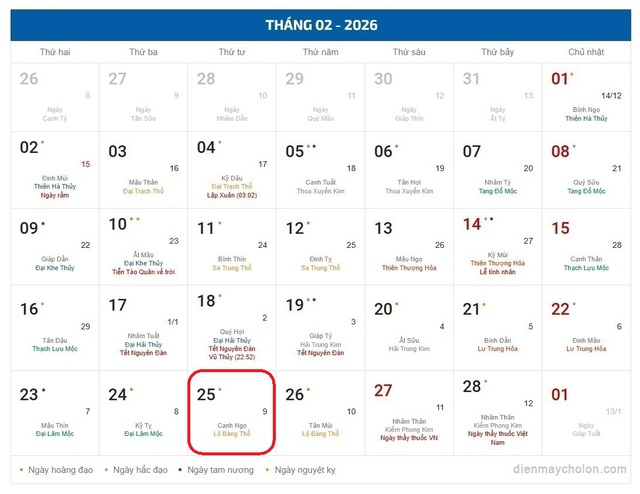 Lịch âm 25/2 - Âm lịch hôm nay 25/2 - Lịch vạn niên ngày 25/2/2026- Ảnh 1.