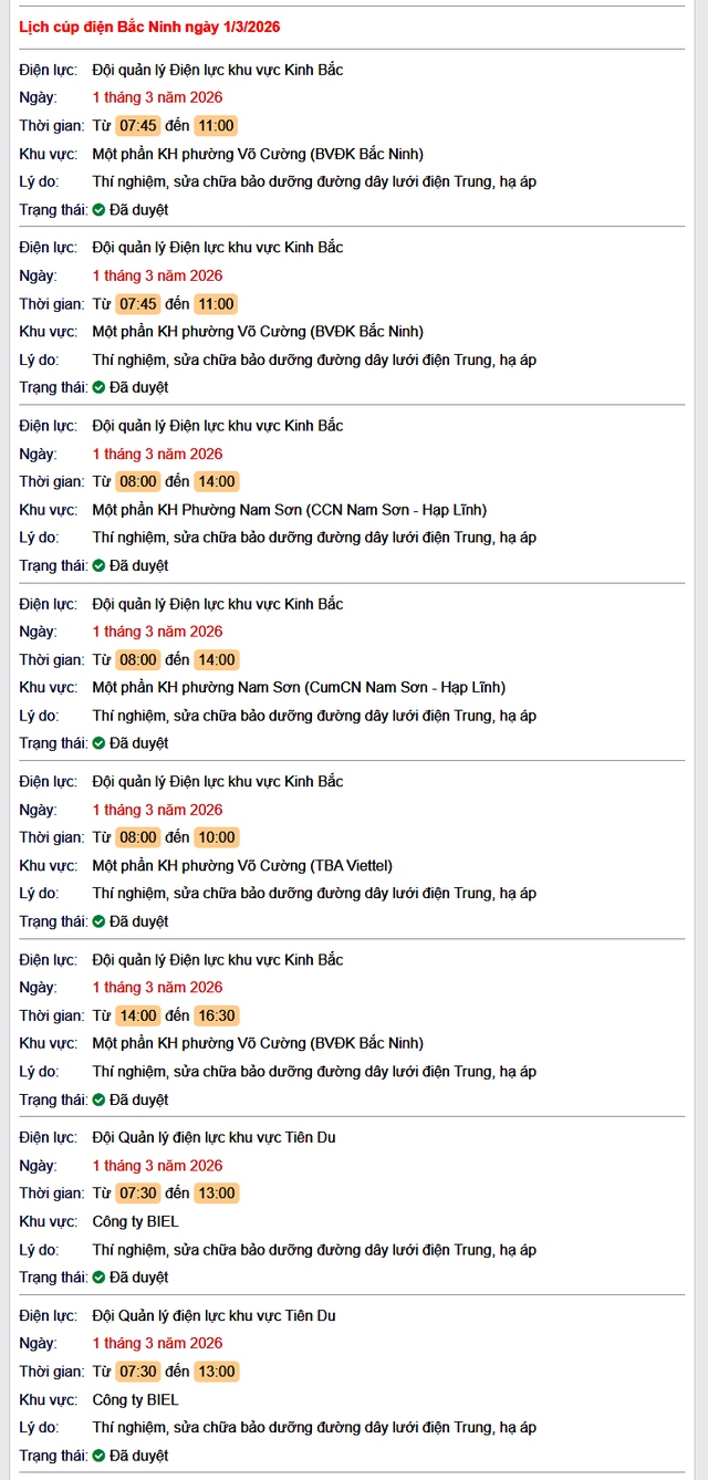 Tra cứu lịch cắt điện Bắc Ninh hôm nay Chủ Nhật ngày 1/3/2026- Ảnh 1. Tra cứu lịch cắt điện Bắc Ninh hôm nay Chủ Nhật ngày 1/3/2026- Ảnh 1.