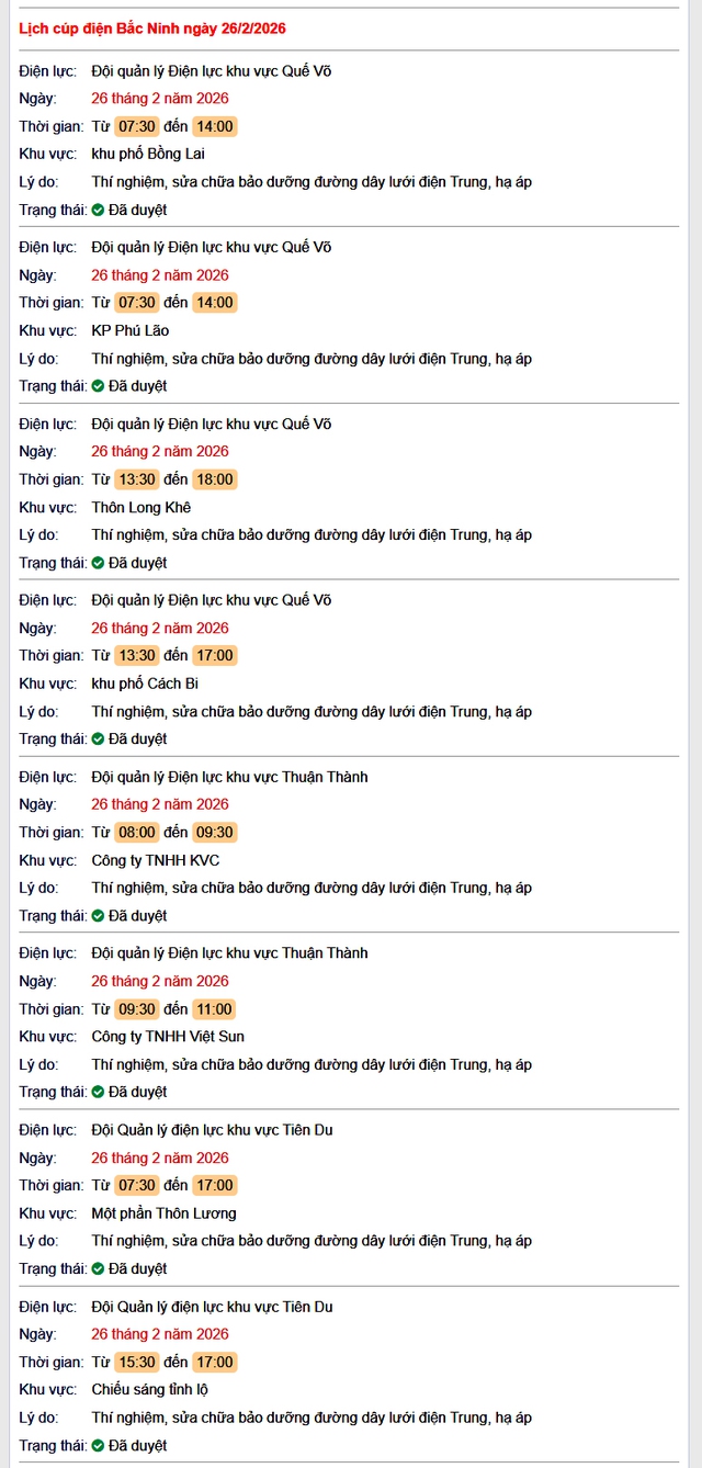 Tra cứu lịch cắt điện Bắc Ninh hôm nay Thứ 5 ngày 26/2/2026- Ảnh 1.