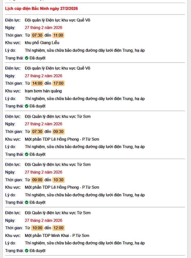 Tra cứu lịch cắt điện Bắc Ninh hôm nay Thứ 6 ngày 27/2/2026- Ảnh 1.