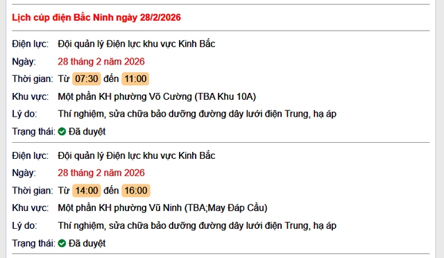 Tra cứu lịch cắt điện Bắc Ninh hôm nay Thứ 7 ngày 28/2/2026- Ảnh 1. Tra cứu lịch cắt điện Bắc Ninh hôm nay Thứ 7 ngày 28/2/2026- Ảnh 1.